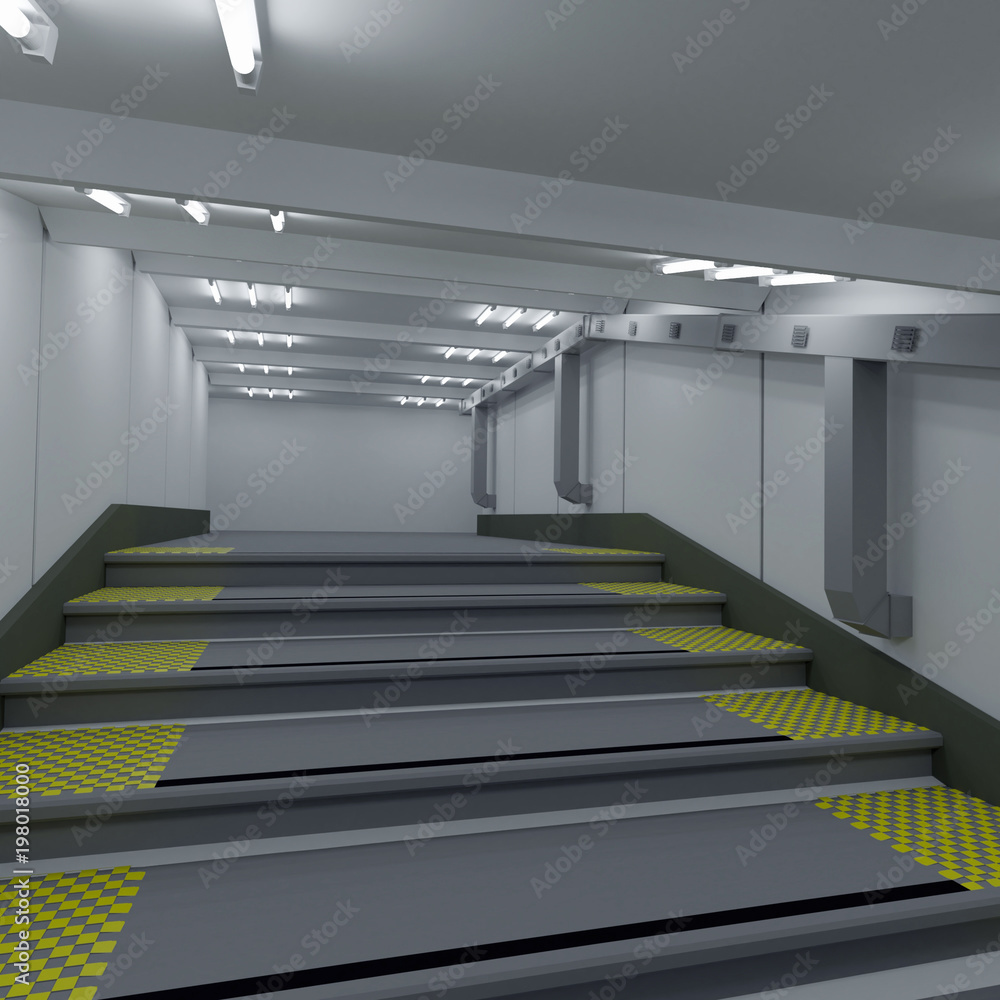 Fotografie industrial interior, corridor with stairs and ventilation system, 3d render, 3d