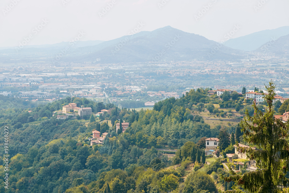 Bergamo, Italy - August 18, 2017: Panoramic view of the city of Bergamo from the castle walls