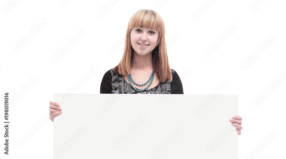 young business woman showing blank poster .isolated on white young business woman showing blank poster .isolated on white