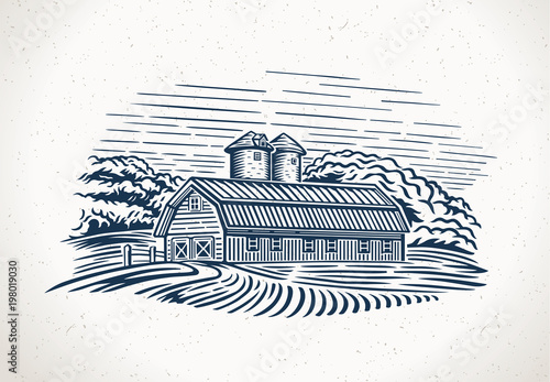 Graphic landscape with farm and field. Graphic design element for the create of the label or trademark. Vector illustration.