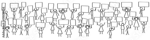 Vector illustration of protesting stick figures, holding up blank boards, horizontal banner, isolated on white background