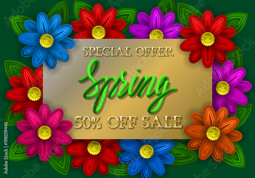 Spring sale special offer golden and green gradient lettering on golden plate with colorful flowers.