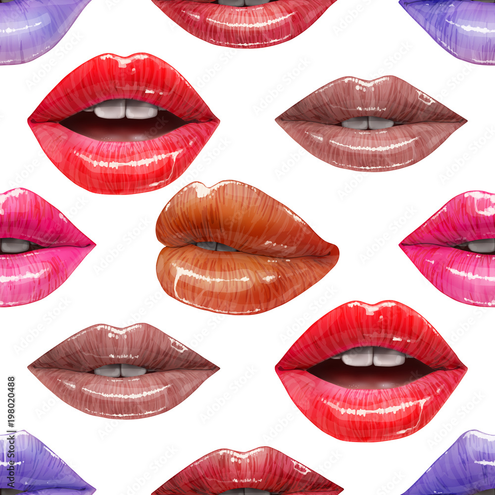 Obraz premium Seamless pattern of colorful sexy lips. Vector lipstick or lip gloss 3d realistic design. Fashion illustration