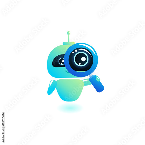 Chatbot search looks into a magnifying glass.  Search Engine Optimization bot