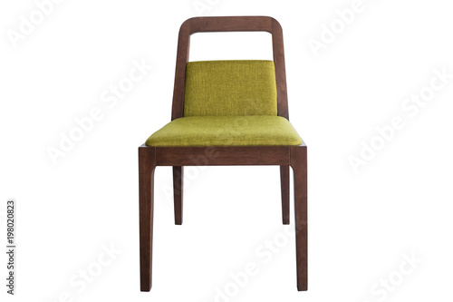 Wooden chair with fabric cushion isolated.