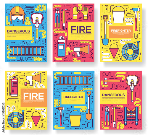 Flat firefighter uniform vector brochure cards thin line set. first help template of flyear, magazines, posters, book cover, banners. Layout  instruments outline illustrations modern pages.