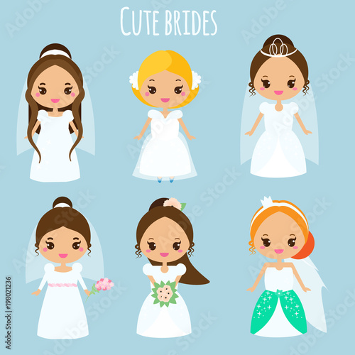 Cute cartoon brides. Princess in wedding dresses. Kawaii fiancee icons