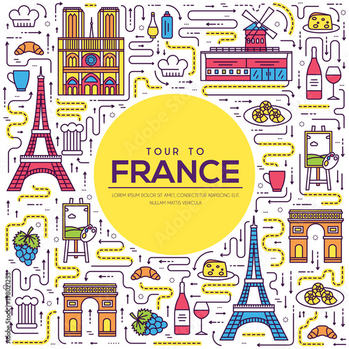 Country France travel vacation guide of goods, place and feature. Set of architecture, fashion, people, item, nature background concept. Infographic traditional ethnic flat, outline, thin line icon