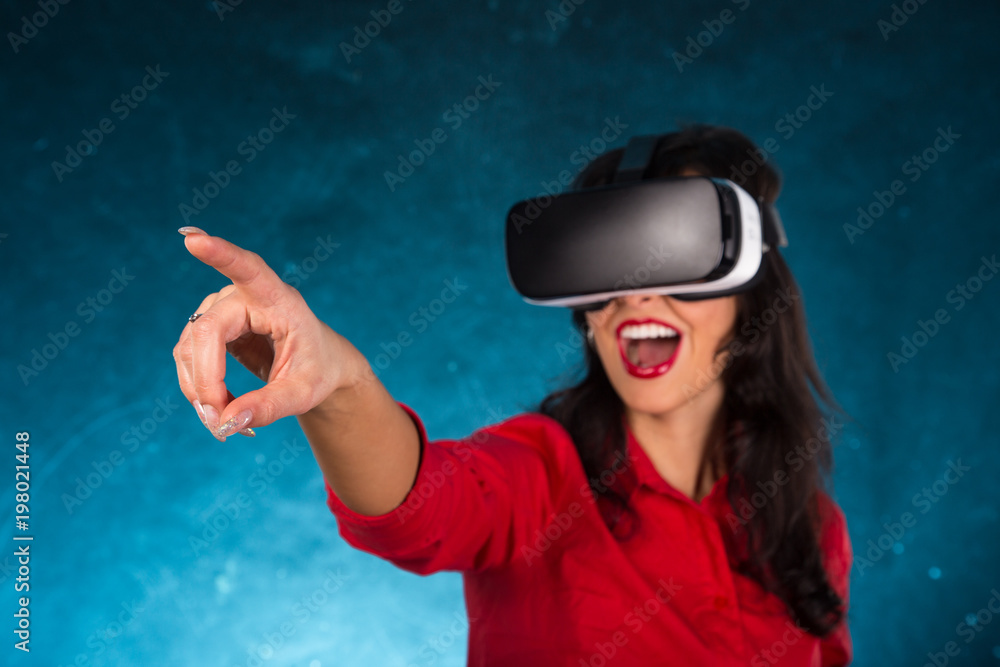 Happy woman with glasses of virtual reality.