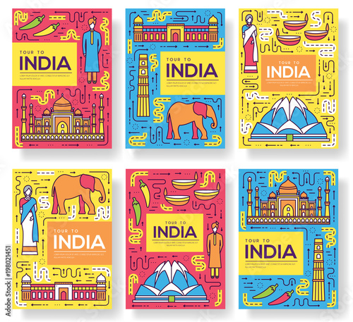 India vector brochure cards thin line set. Country travel template of flyear, magazines, posters, book cover, banners. Layout culture monument outline illustrations modern pages