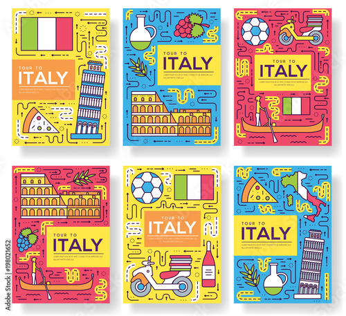  Italy vector brochure cards thin line set. Country travel template of flyear, magazines, posters, book cover, banners. Layout culture monument outline illustrations modern pages