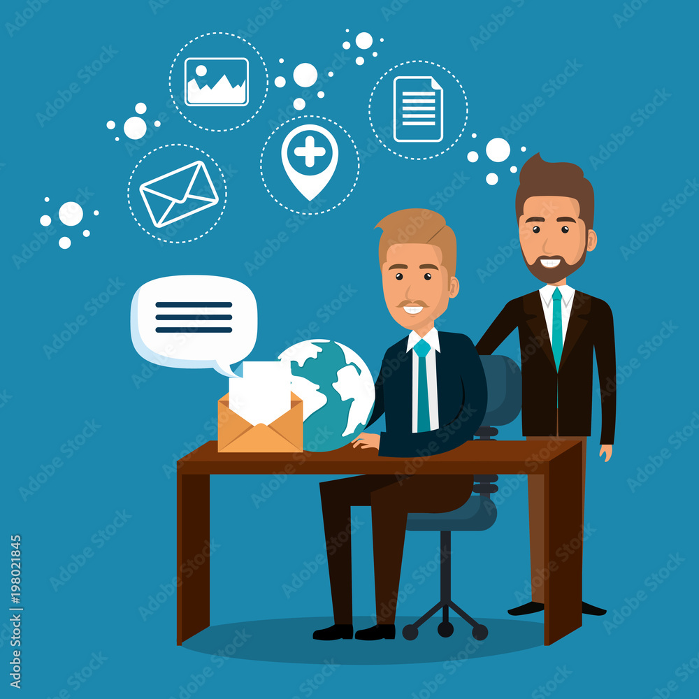 businesspeople in the office with e-mail marketing icons businesspeople in the office with e-mail marketing icons
