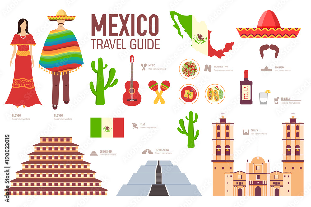 Country Mexico travel vacation guide of goods, places and features. Set of architecture, food, fashion, items, nature background concept. Infographics template design for web and mobile. On flat style