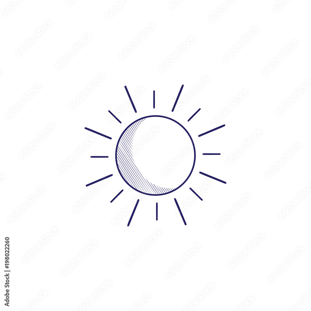 Minimalistic hand-drawn icon with the sun. Hatched web icon
