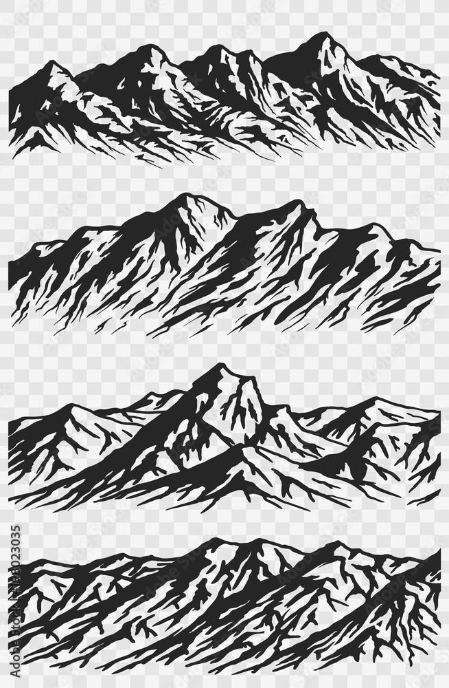 Set of huge mountains silhouettes isolated on transparent background. Vector mountain ranges illustrations.