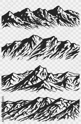 Set of huge mountains silhouettes isolated on transparent background. Vector mountain ranges illustrations.