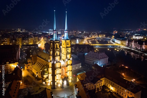 Aerial night drone view on Ostrow Tumski in Wroclaw.