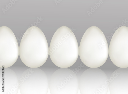 A row of five white chicken eggs on light gray background with reflaction. Natural ecological protein product. Healthy food. Dietary meal. Easter symbol. Realistic 3d Vector illustration