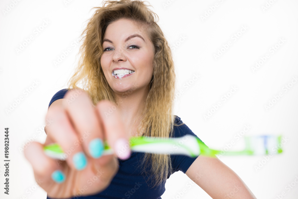 Woman brushing cleaning teeth Woman brushing cleaning teeth