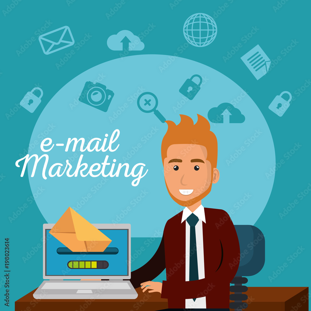 businessman in the office with e-mail marketing icons businessman in the office with e-mail marketing icons
