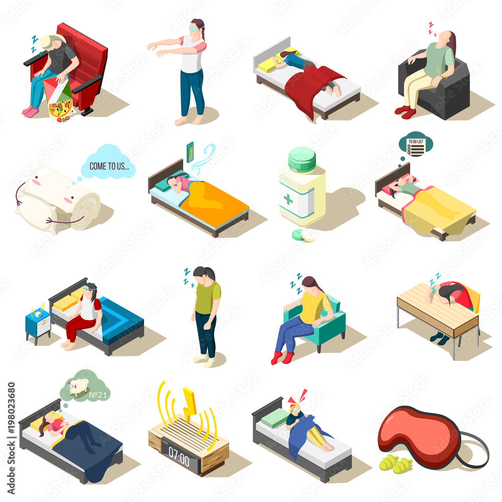 Sleep Disorder Isometric Icons Sleep Disorder Isometric Icons