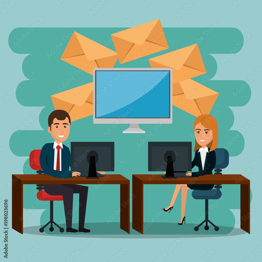 businesspeople in the office with e-mail marketing icons businesspeople in the office with e-mail marketing icons