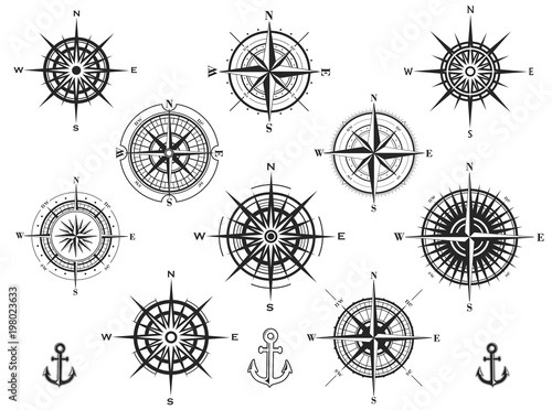 Set of wind roses silhouettes on white background. Compass vector illustrations.