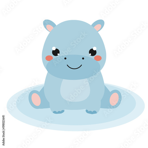 Cute hippo. Cartoon hippopotamus. African animal. Kawaii style