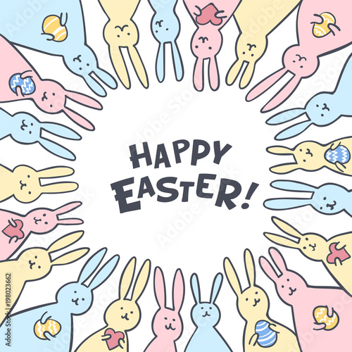 Funny bunny Easter Greeting card with white Easter rabbits. Illustration of c...