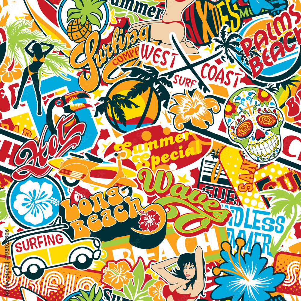 vintage summer surfing beach stickers patchwork vector seamless pattern  wallpaper Stock Vector | Adobe Stock