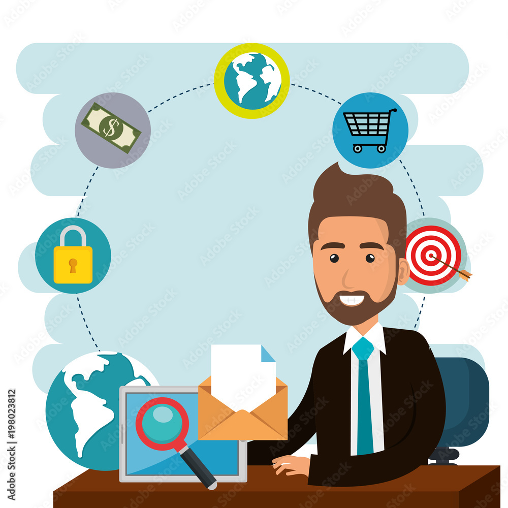 businessman in the office with e-mail marketing icons businessman in the office with e-mail marketing icons