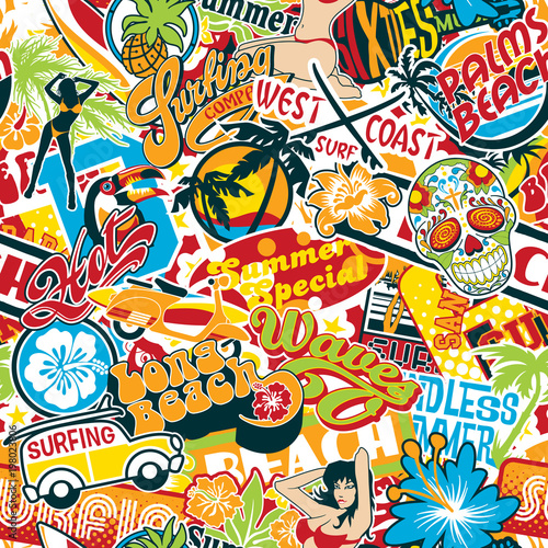 vintage summer surfing beach stickers patchwork vector seamless pattern wallpaper