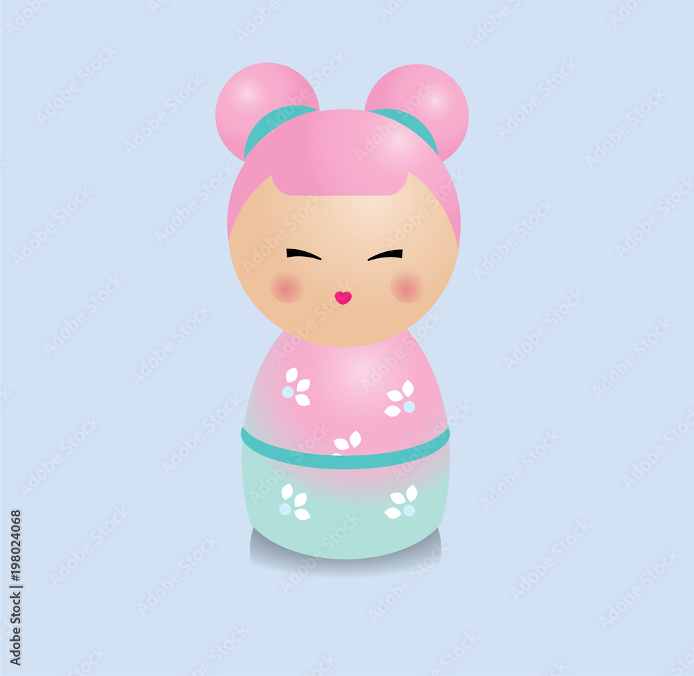 Modern kawaii kokeshi figure. Traditional japanese dolls in realistic style. Modern kawaii kokeshi figure. Traditional japanese dolls in realistic style.