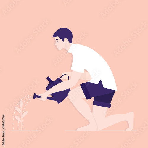 A man is watering a plant in the garden. Farmer. Vector Flat Illustration