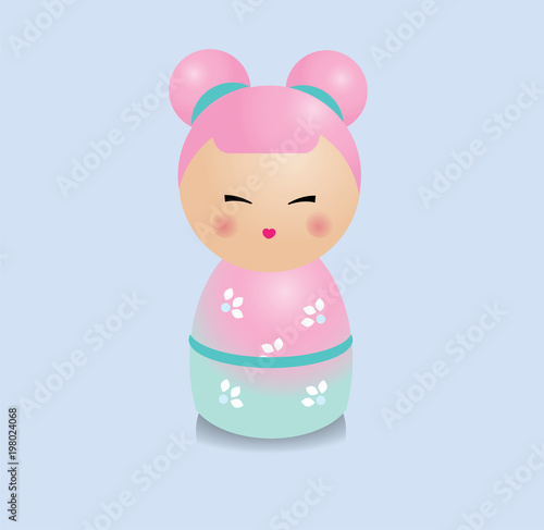 Modern kawaii kokeshi figure. Traditional japanese dolls in realistic style.