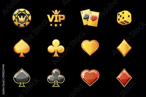 Golden casino icons, poker game symbols