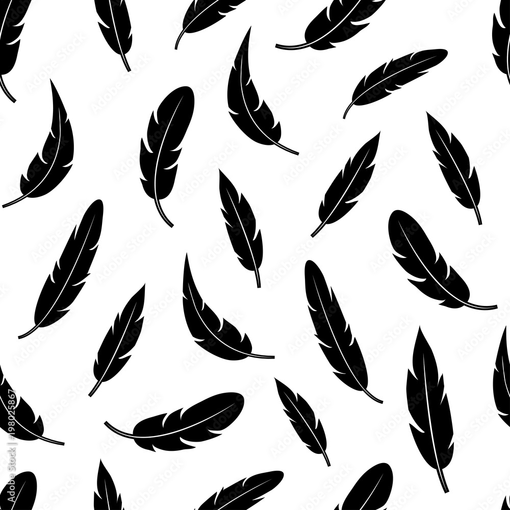Fototapeta premium Seamless pattern with black feathers isolated on white background. Vector illustration