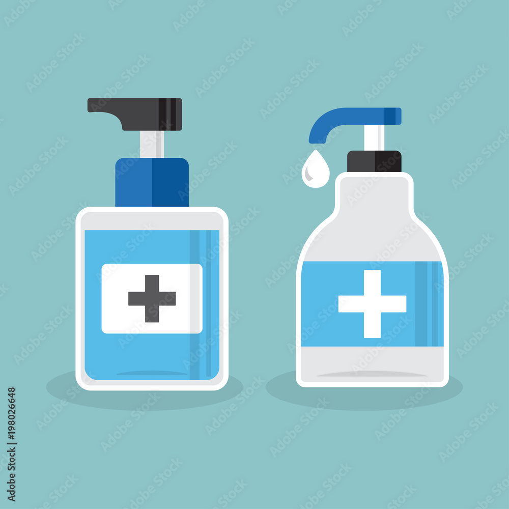 Disinfection. Set of hand sanitizer bottles, washing gel. Vector illustration Disinfection. Set of hand sanitizer bottles, washing gel. Vector illustration