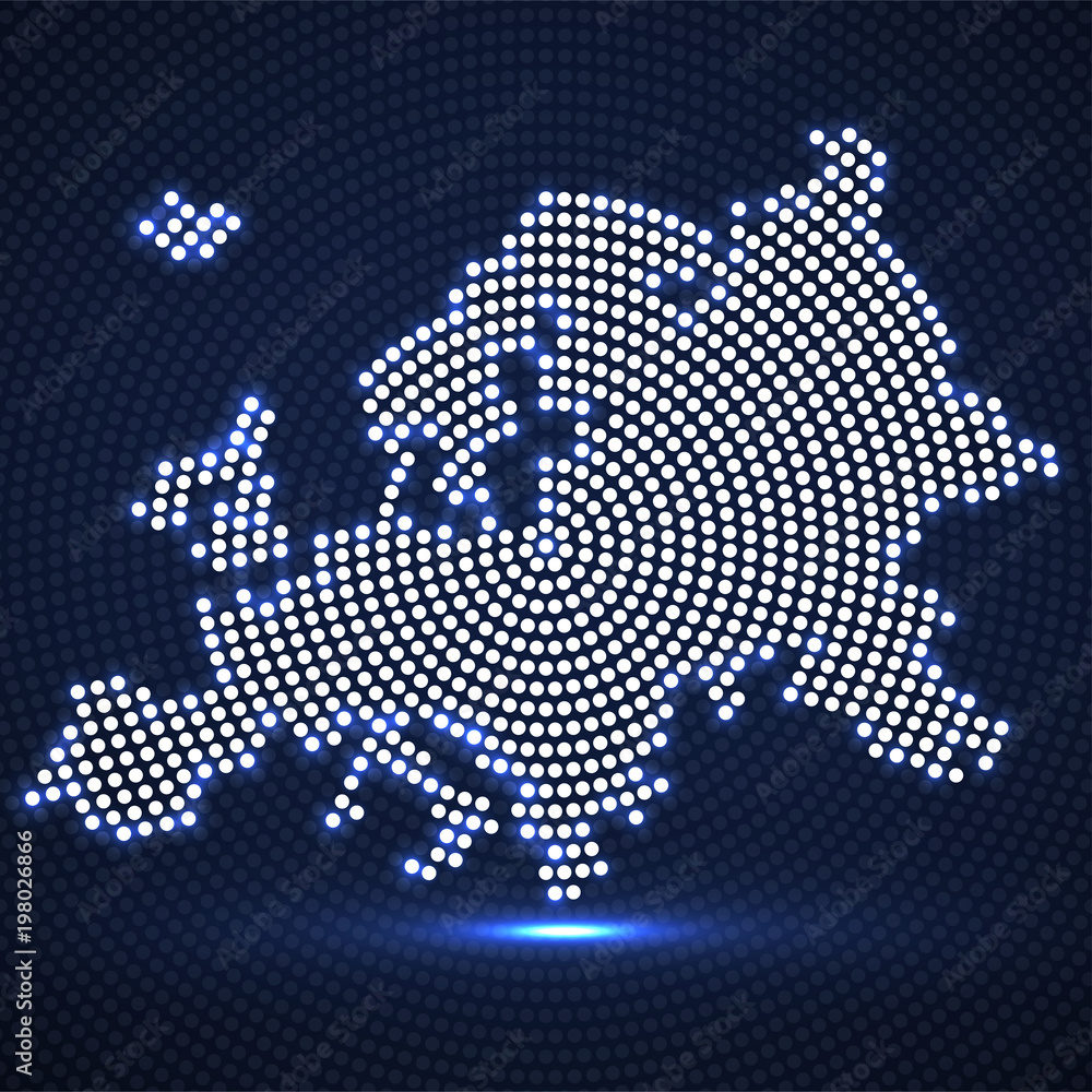 Abstract Europe map of glowing radial dots, halftone concept. Vector