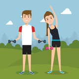 athletic people practicing exercise characters vector illustration design