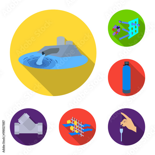 Water filtration system flat icons in set collection for design. Cleaning equipment vector symbol stock web illustration.