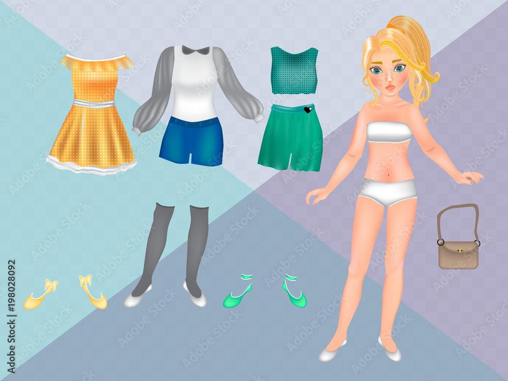 Paper dolls with clothes for carving. Printable Paper Doll Template. Dress  Up Girl of casual clothes Stock Vector | Adobe Stock