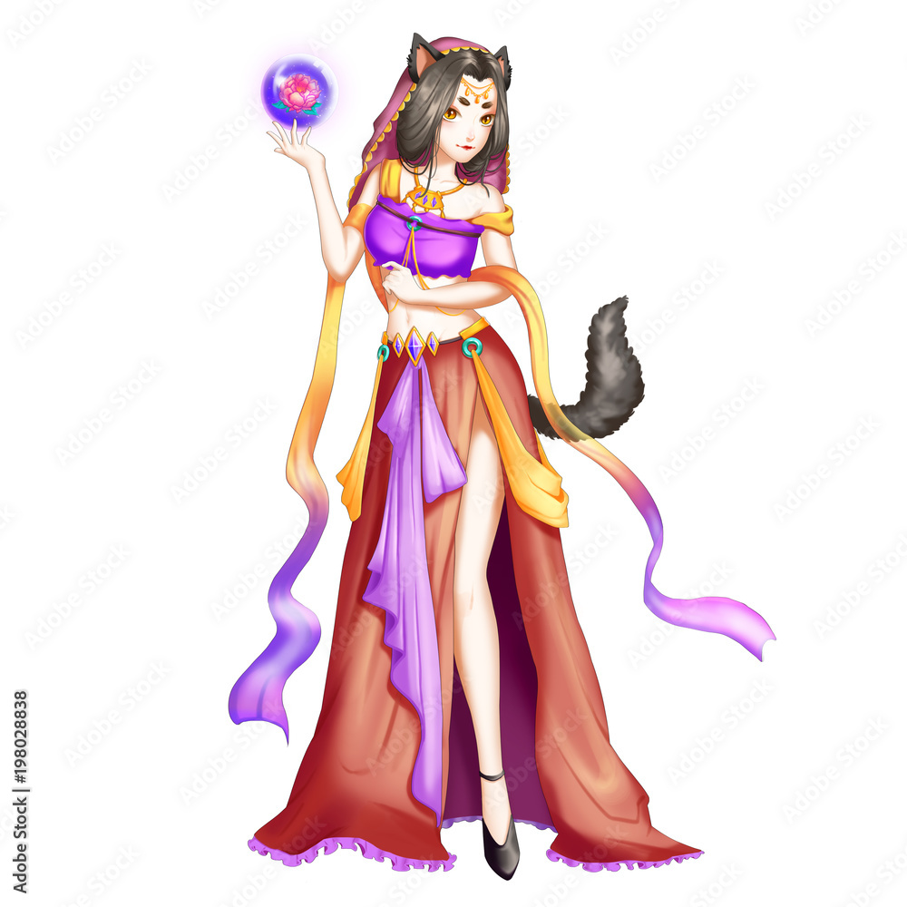 The Demon Cat Girl with Anime and Cartoon Style. Video Game's Digital CG Artwork, Concept Illustration, Realistic Cartoon Style Character Design
