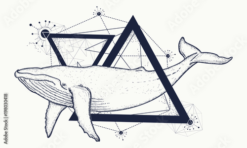 Creative geometric whale tattoo art t-shirt print design poster textile. Whale tattoo geometric style. Mystical symbol of adventure, dreams. Travel, adventure, outdoors symbol whale marine tattoo