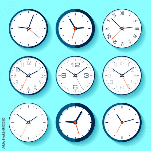 Set of different clock icons in flat style, minimalistic timers on blue background. Business watchs. Vector design elements for you projects