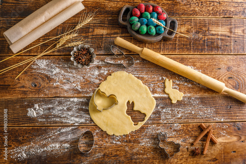 Preparation for baking cookies using molds. View from above. photo