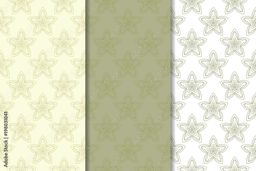 Set of  olive green floral backgrounds. Seamless patterns - obrazy, fototapety, plakaty 