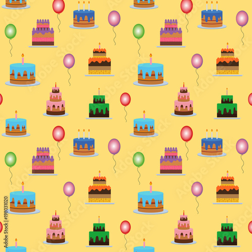 Cakes and balloons vector seamless pattern. Sweet cream pie with candles on white background. Vector illustration