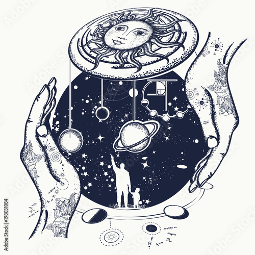 Father teaches the son to space riddles tattoo. Human and Universe tattoo art. Symbol solar system, science, religion, astrology, astronomy. Boundless Universe, planets and stars t-shirt design