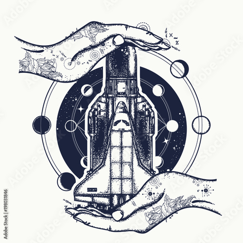 Space shuttle taking off on mission t-shirt design. Space ship and universe tattoo art. Symbol of space research, the flight to new galaxies
